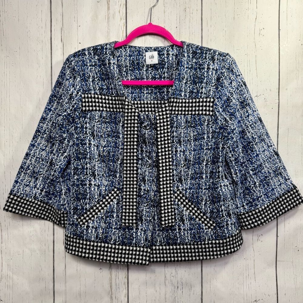 CAbi Reina Collection Club Jacket Button Front 3/4 Sleeves Bow Trim Sz M Preppy